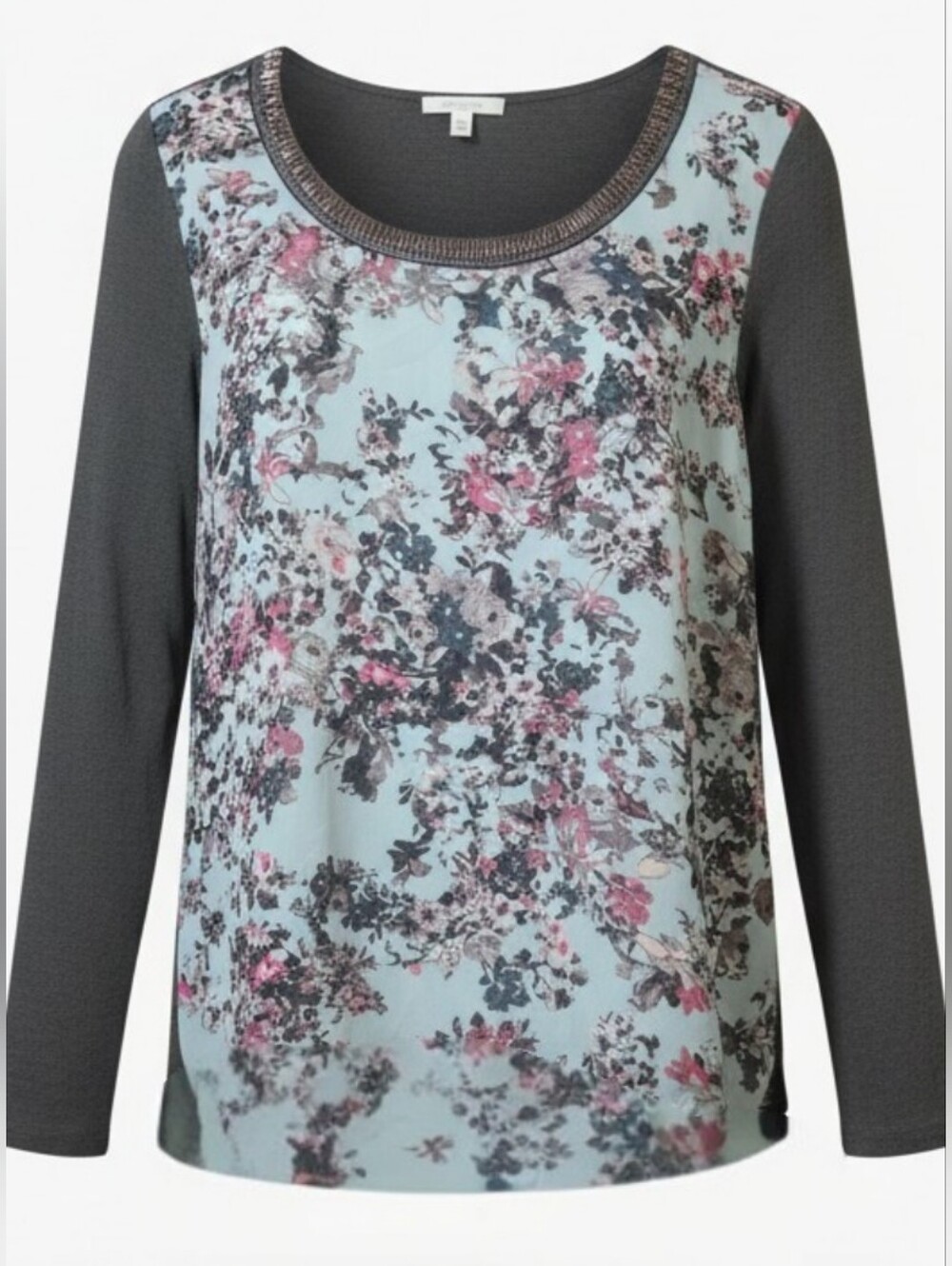 Maurices Floral Scoop Neck Long Sleeve Top - Gray & Light Blue